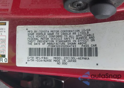 2005 Toyota Corolla Le z USA, uszkodzony, nr VIN JTDBR32E652064743